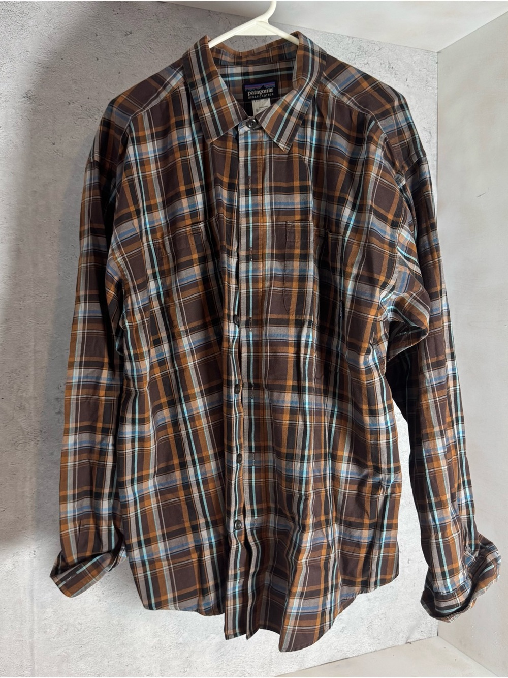 Patagonia Brown and Blue Plaid Men’s Button-Down Shirt